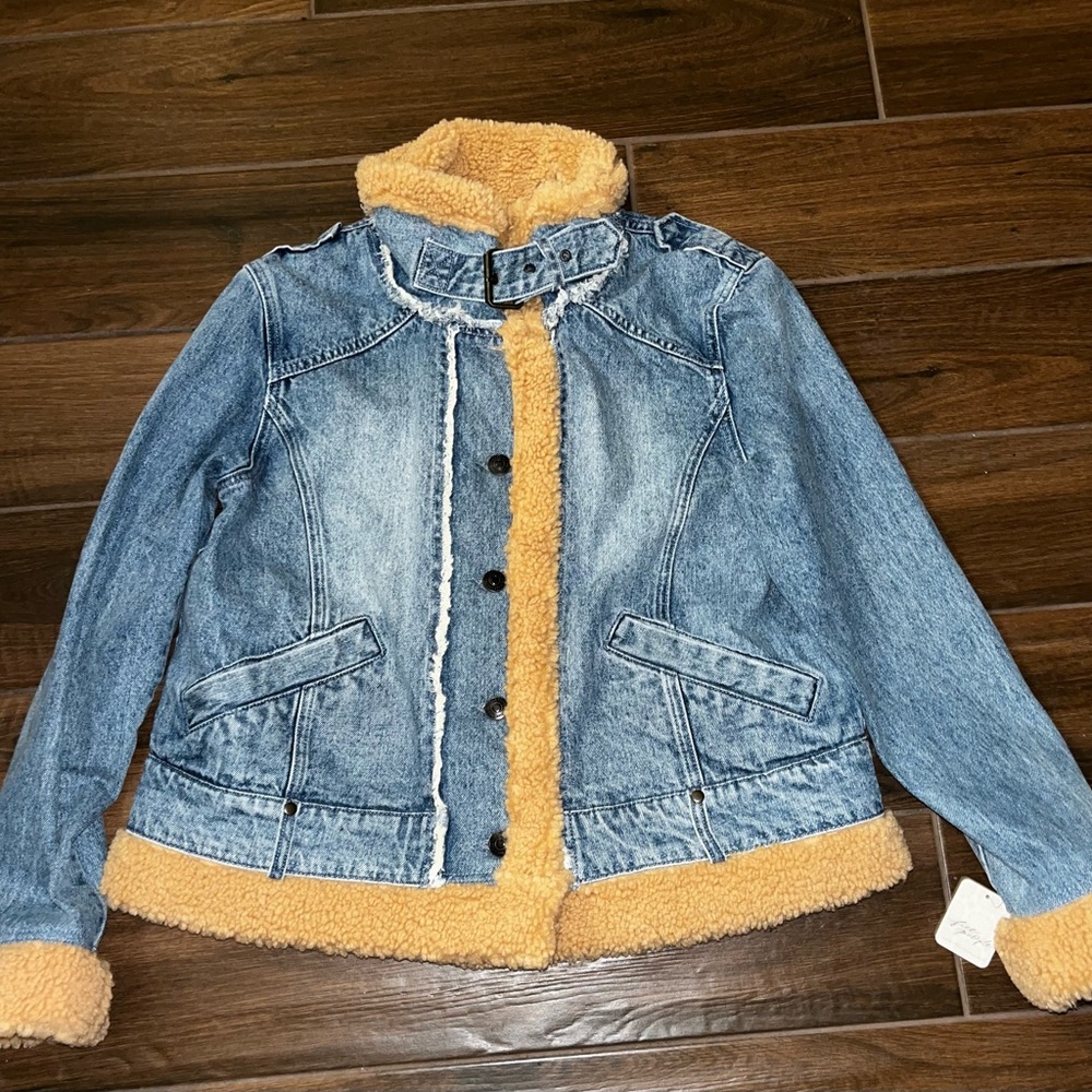 Free People Blue Denim Jacket with Tan Sherpa Lining